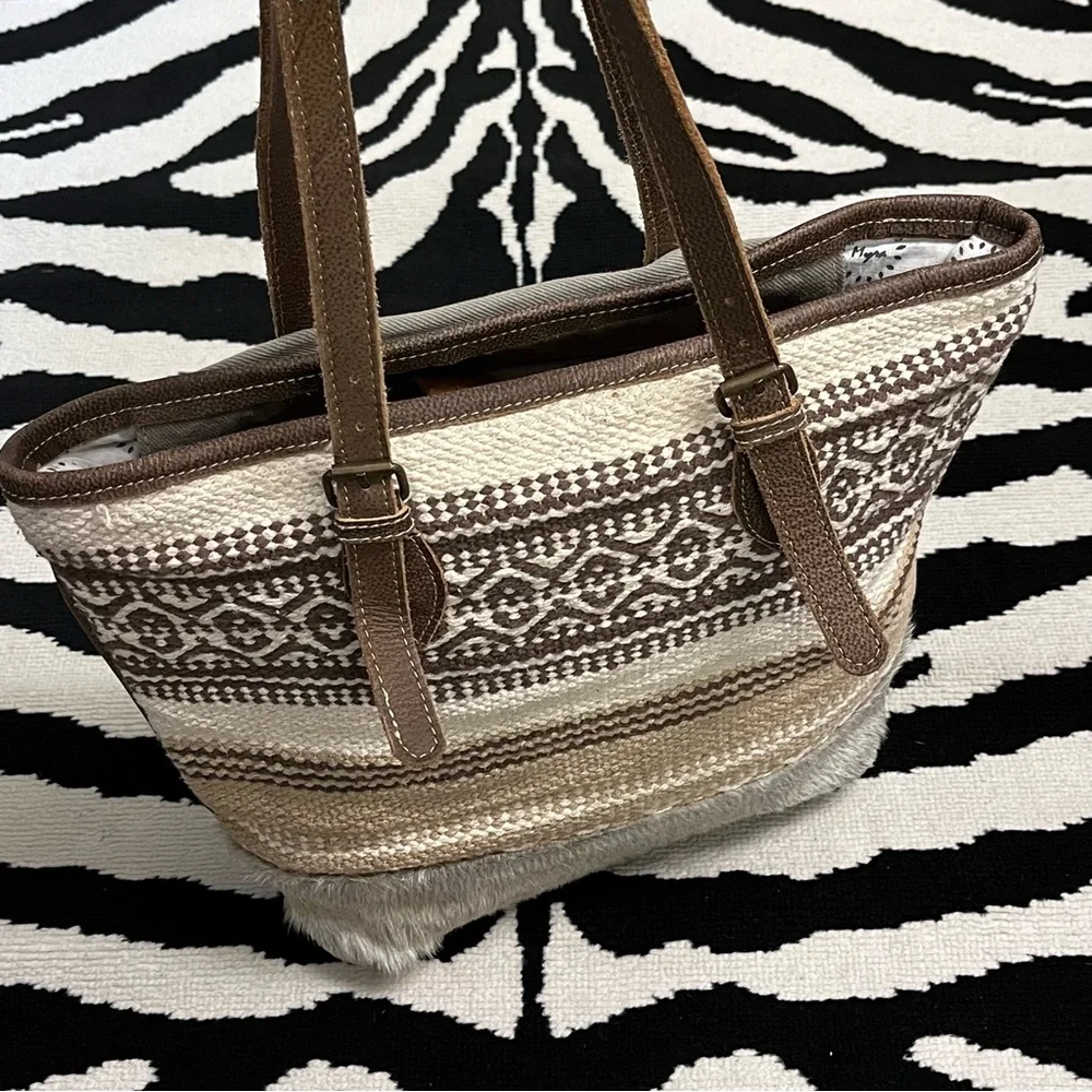 Myra Bag Beige Tribal Patterned Tote Bag Canvas Calf Hair Leather Straps